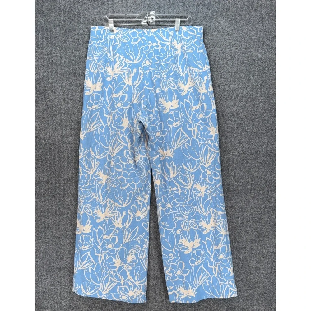 Zara Pants Women XXL Blue Floral Linen Blend Wide Leg High Waist Bohemian Casual